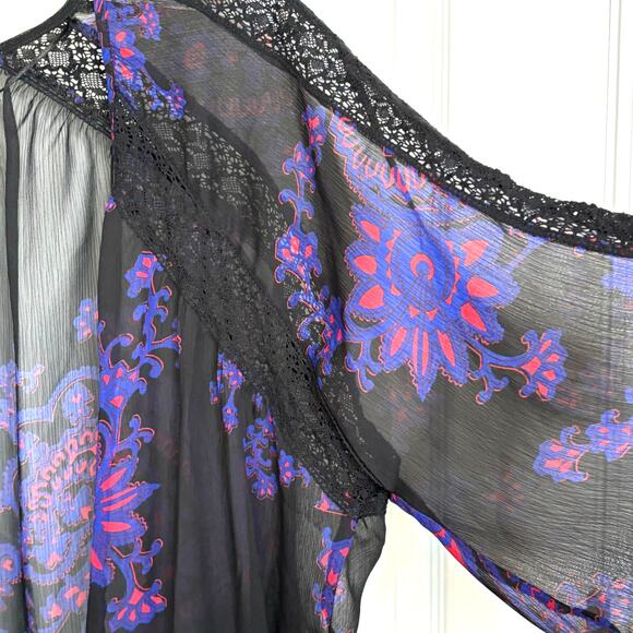 Express Wms M Bell Sleeve Sheer Floral Open Front Kimono Shawl Lace Trim Boho - Picture 5 of 10